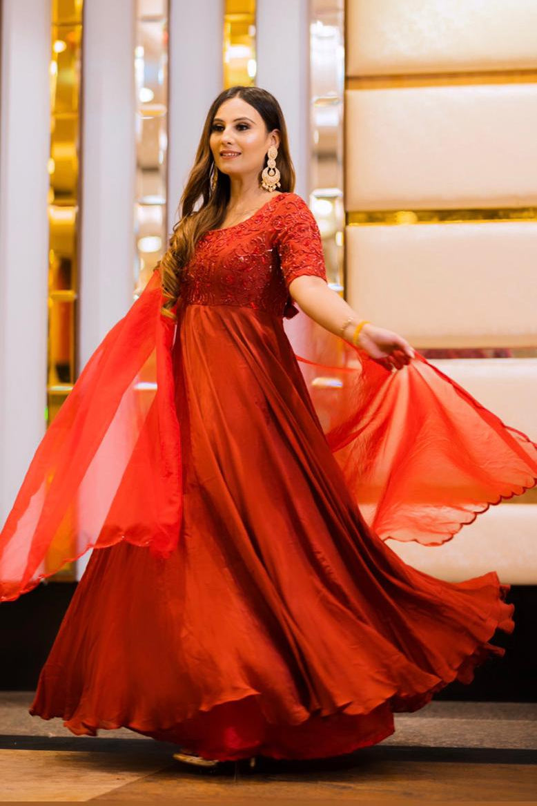 Red Hand Embroidered Anarkali Suit